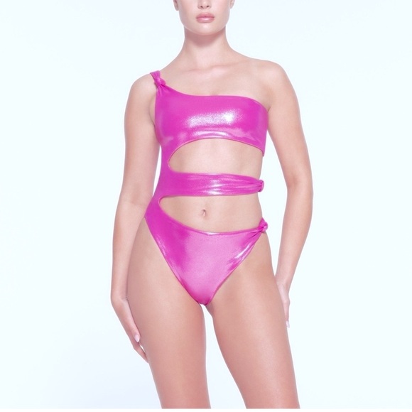 NWT SKIMS Liquid Shine Swim Knotted One Shoulder Monokini in Pink Lollipop XL - Picture 1 of 12